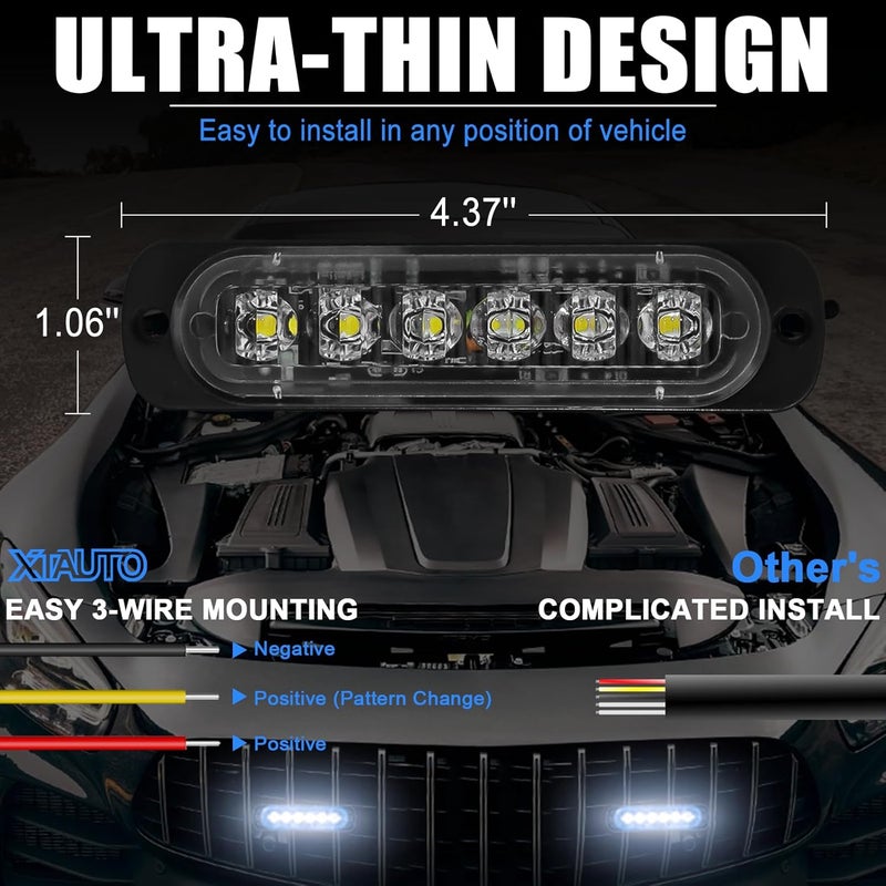 XTAUTO 10pcs LED Emergency Strobe Light, White 6-LED Ultra Slim Surface Mount Flashing Warning Beacon Hazard Construction Caution Grille Light Bar for Truck Car Off Road Vehicles - Image 5